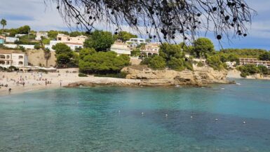 cala de la fustera, ie benissa beach on a cloudy day. a tree branch shadows over the picture